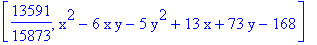 [13591/15873, x^2-6*x*y-5*y^2+13*x+73*y-168]